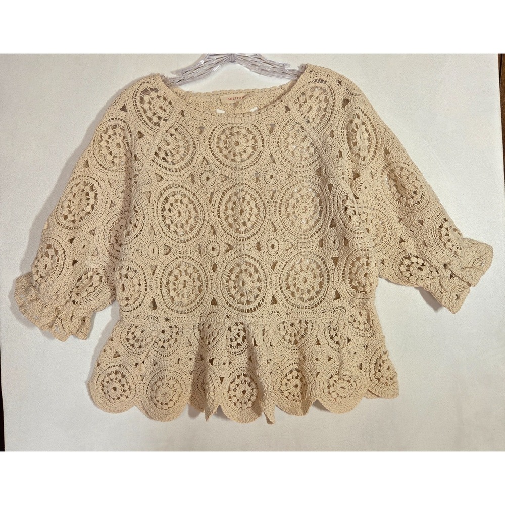 Solitaire Crochet Lace Sweater  Medium Ecru Boho Peplum Floral Scalloped Hem